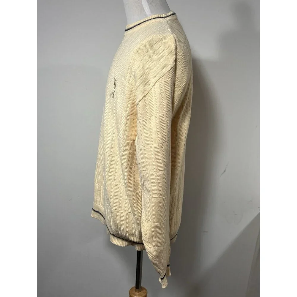 Vtg Carmel Cotton Knit Sweater Cream Yellow Blue Trim Golfer Made in USA L Golf - Picture 5 of 11